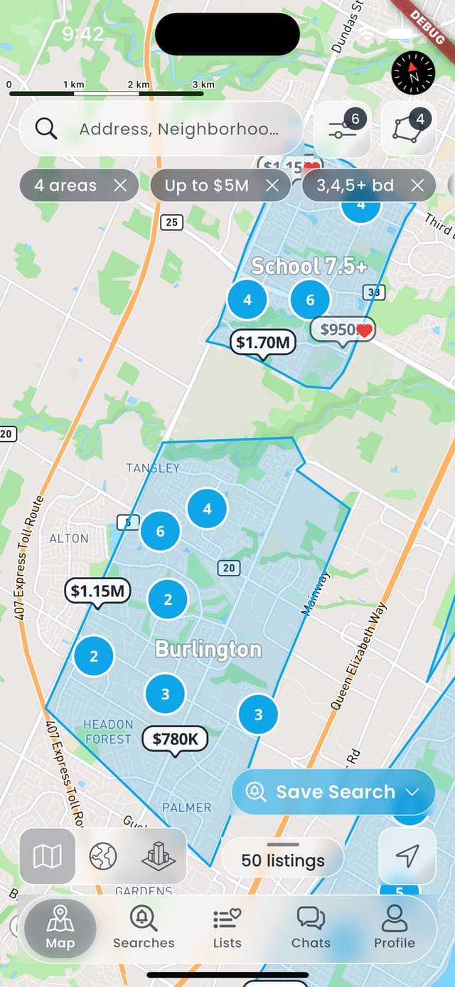 RealHunt map with drawn search area